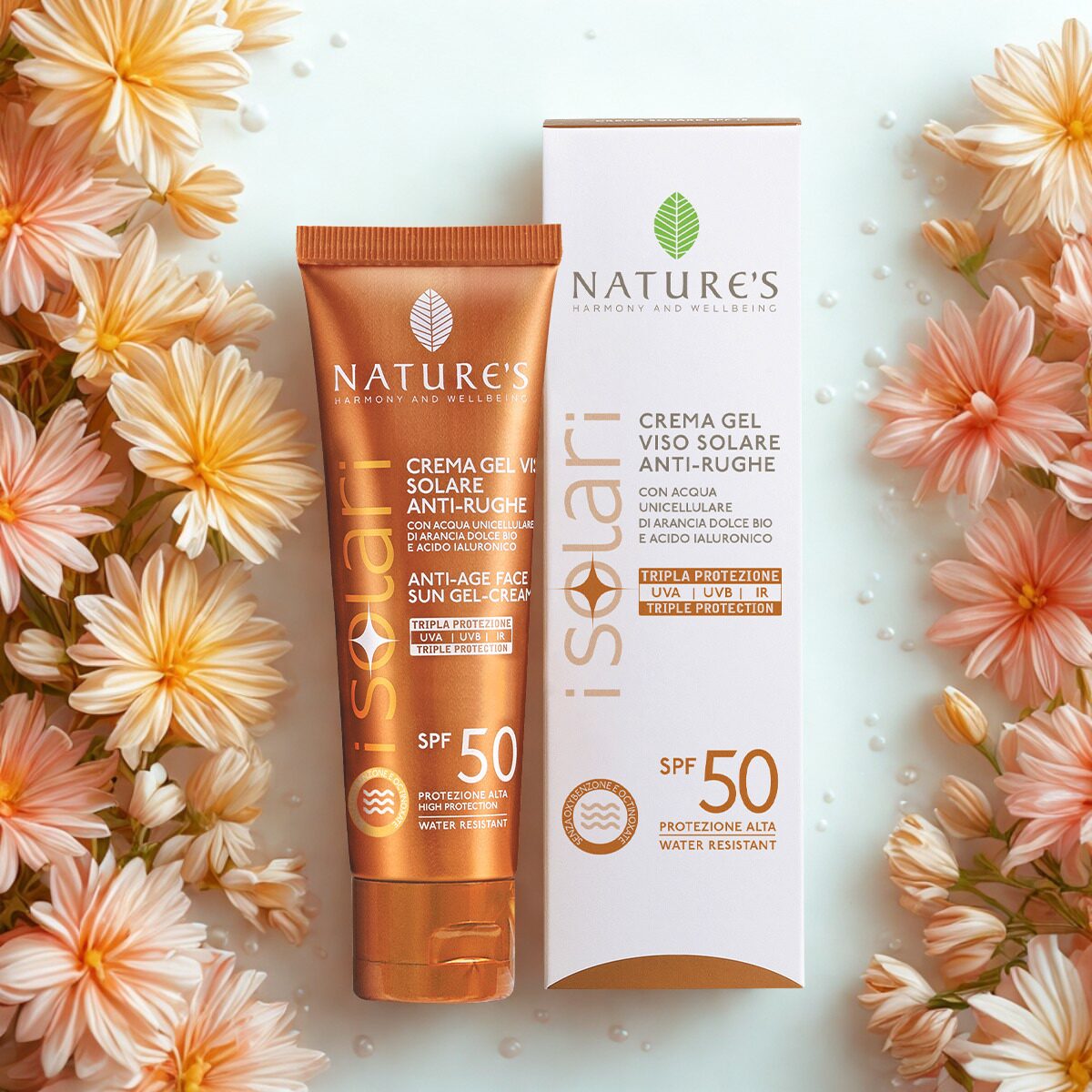 isolari crema gel viso solare anti rughe spf50